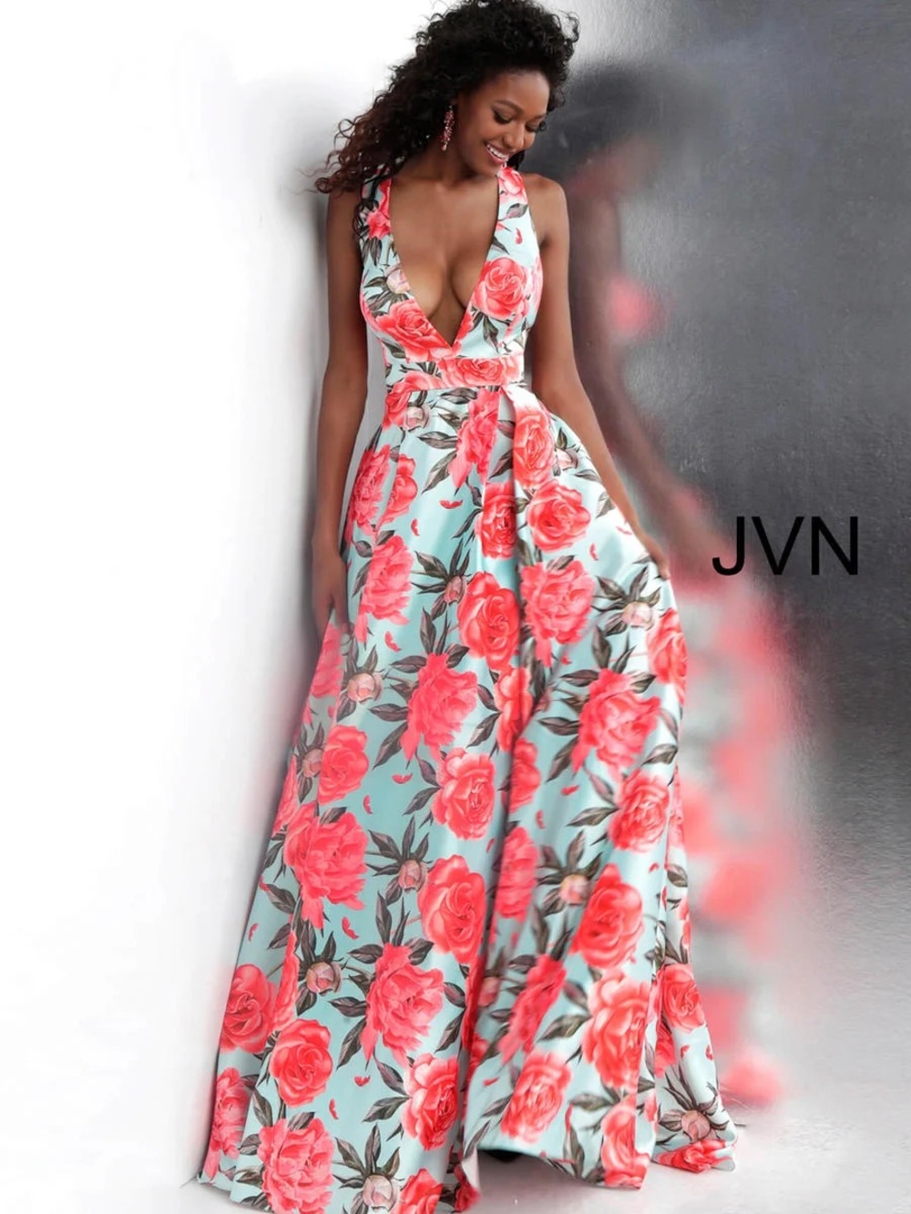 JVN Coral Rose Print Plunging V prom dress